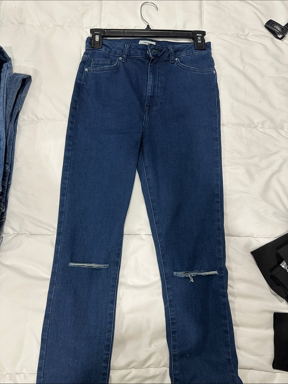 Forever 21 Dark Blue Straight-Leg Jeans with Subtle Knee Slits